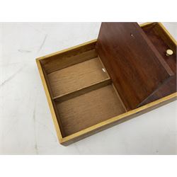 20th century mahogany box of rectangular form, the edges inlaid with stringing, the hinged lid lifting to reveal twin division lift out tray with handle, with key, H15cm W30cm D19.5cm