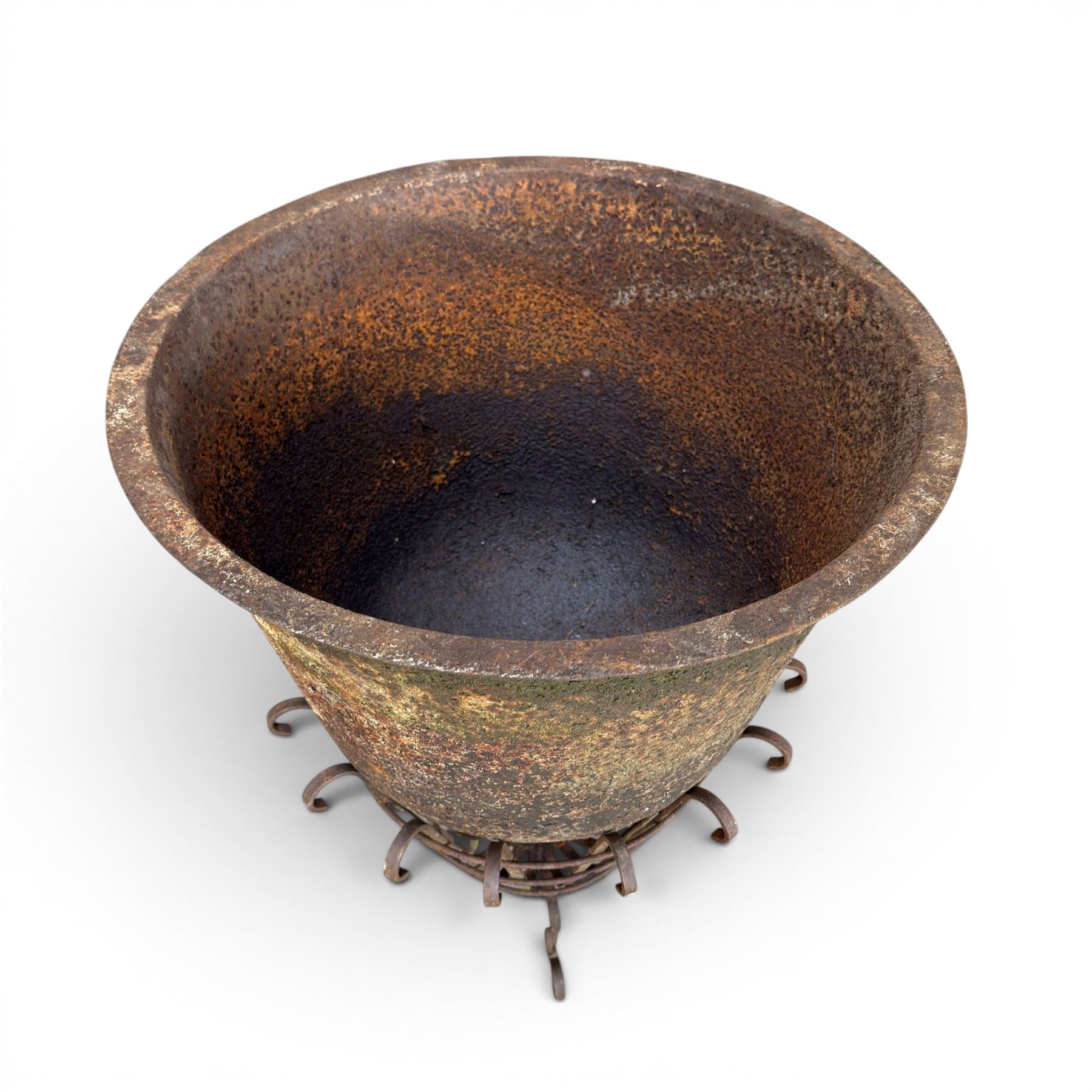 19th century cast iron bell cauldron, with associated wrought iron stand