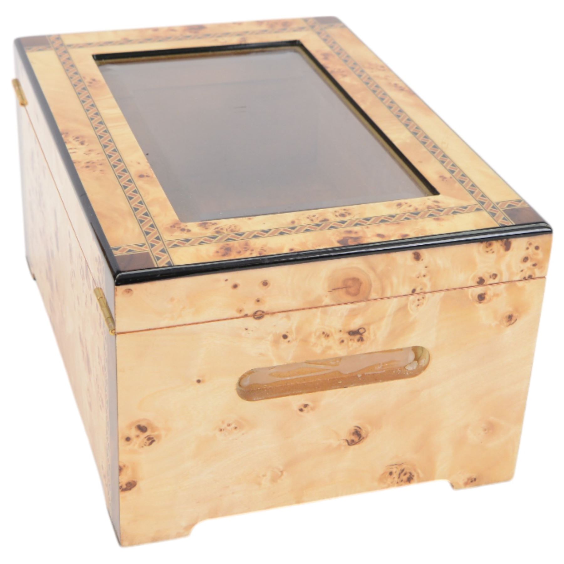 Cigar humidor, of high gloss birdseye maple veneer, the lid with central glass panel, brass handled draw to the front, fitted with a hygrometer, H18cm D24cm 