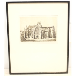 RTV - English School (20th Century): Ship at Sea, gouache unsigned, and Arthur Spencer (British early 20th century): 'Melrose Abbey', etching signed, original title label attached, max 16cm x 22cm (2)