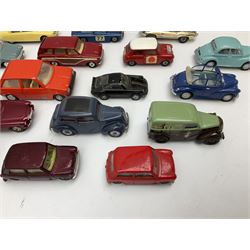 Corgi - thirty unboxed and playworn/repainted die-cast cars including Triumph Herald Coupe, BMC Mini-Cooper 'S', Porsche Carrera, two 'E' Type Jaguars, Rover 2000TC, three Morris Minors, two Aston Martin DB4, two Volvo P1800, MGA, Fiat 2100, Jaguar 2.4 Litre, Jaguar Mark X Saloon etc (30)