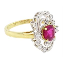 18ct gold and platinum Burmese ruby and diamond ring by Scarab London, single rectangular cushion cut unheated ruby of 1.13 carat, with a single French cut diamond set either side and round brilliant cut diamond surround, in a scrolling foliate design setting, with Alan Poultney Gems report, the ruby with The Gem & Pearl Laboratory report