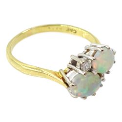 18ct gold two stone oval opal and two stone round brilliant cut diamond crossover ring, London 1981