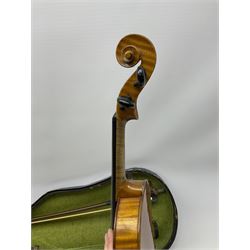 Saxony violin c1930 with 36cm single piece maple back and ribs and spruce top 59cm overall; cased with later Glasser composition bow
