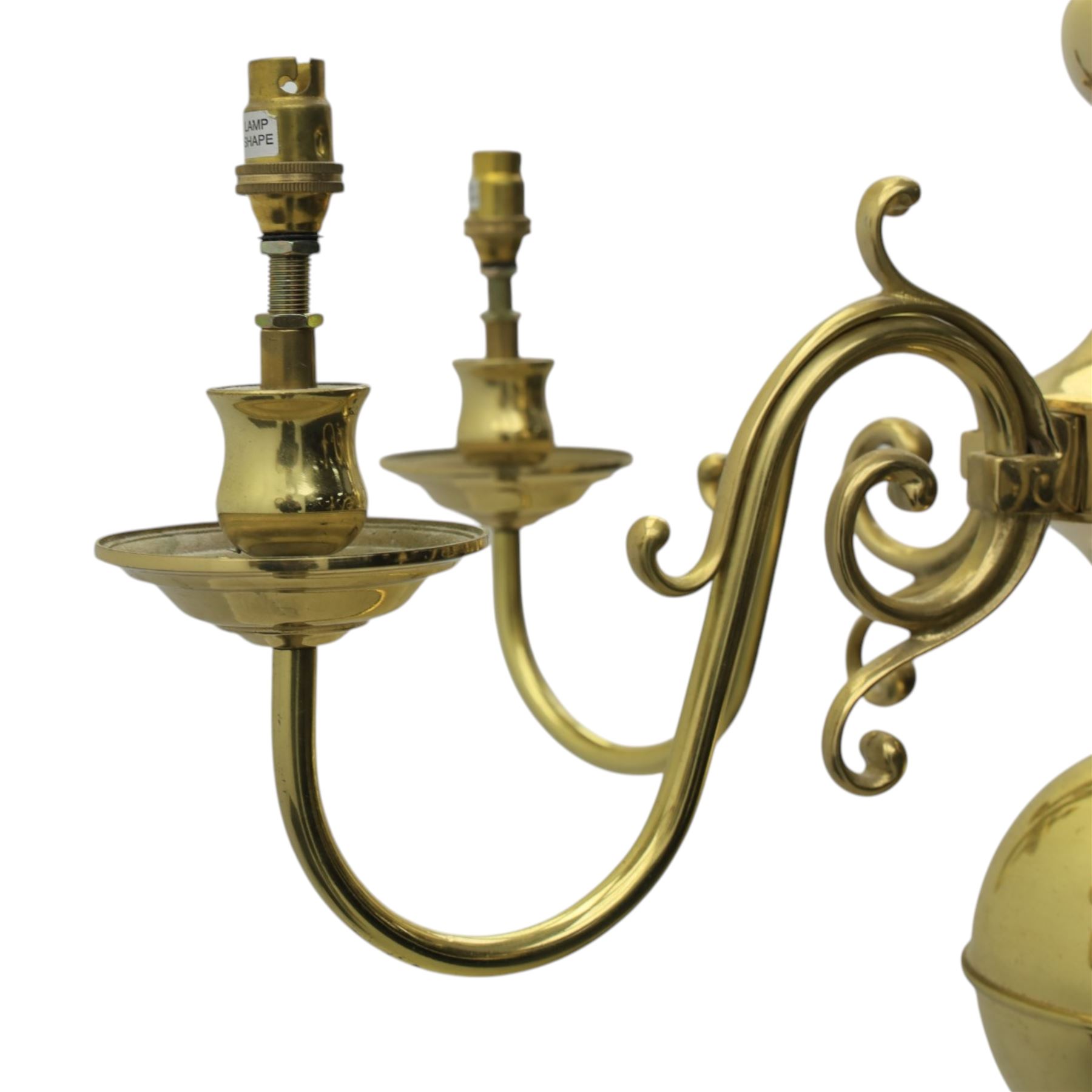 20th century brass five branch chandelier, with scrolled candle sconces and ball finial 