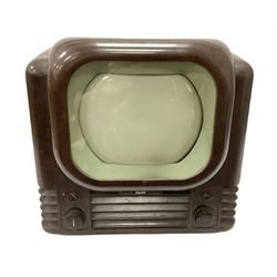 1950s Bush Type TV22 Bakelite Television receiver, the TV cased in marbled brown Bakelite of stepped form, the 9 inch screen with white mask, with original leather cover casing to reverse, H39cm D34cm W38cm