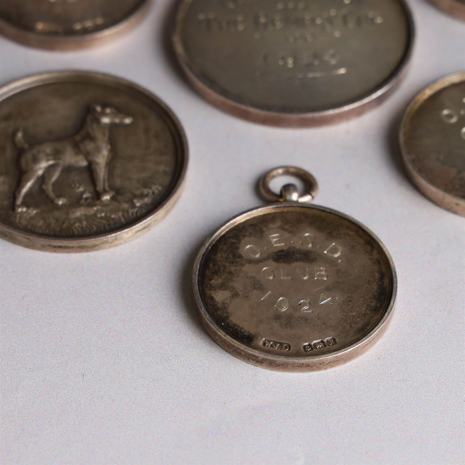 Seven 1920s Old English Sheepdog silver medals, all hallmarked, together with two further silver plated dog related medals