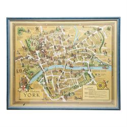 After Estra Clark (British 1904-1993): 'Historic York', gold ground colour map pub. Ben Johnson & Co Ltd. York 1947, 51cm x 64cm