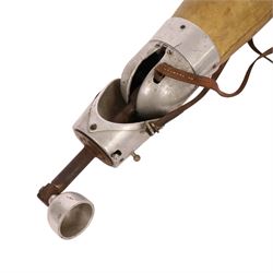 1940's prosthetic arm, possibly British, made from leather and polished aluminium, with canvas and leather straps  L47cm