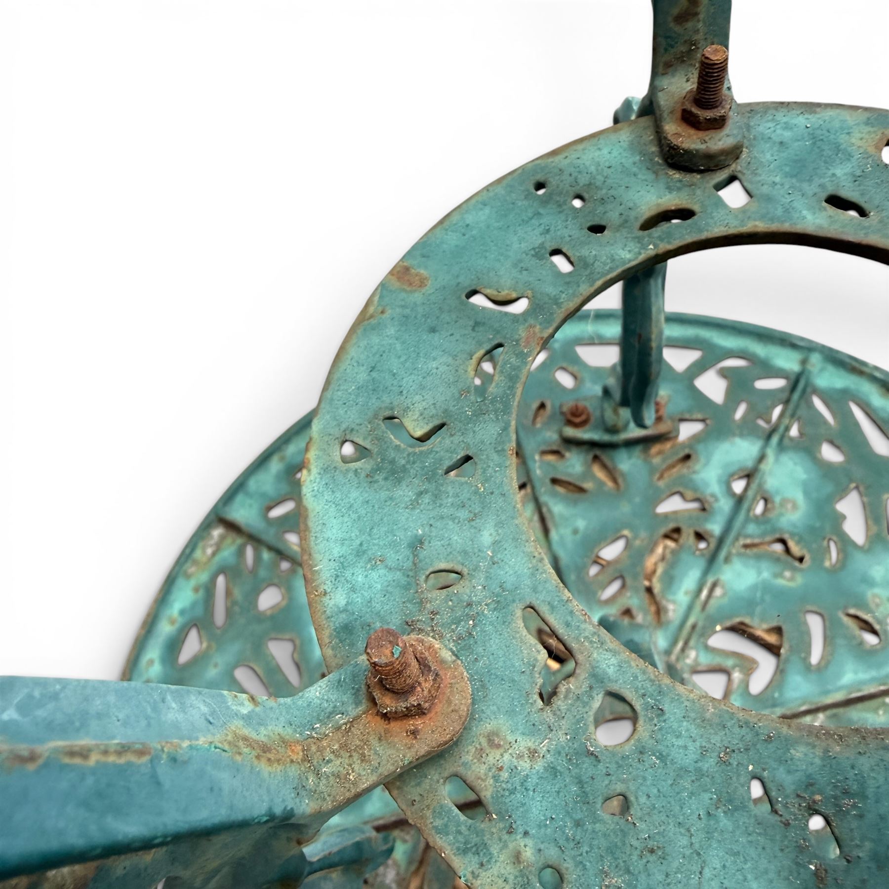 Cast iron garden table and four chairs, in the Art Nouveau style, with pierced floral and foliate decoration throughout, circular table raised on four cabriole legs with stretcher ring, chairs with shaped openwork backs and seats, in a weathered green finish