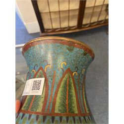 Japanese Cloisonne vase, Meiji/Taisho period, decorated with five haloed figures, possibly the Lucky Gods or Monks, in a landscape detailed with pine trees, lotus flowers and auspicious clouds, beneath a neck with band of fronds, with apocryphal Ming mark beneath, H31cm