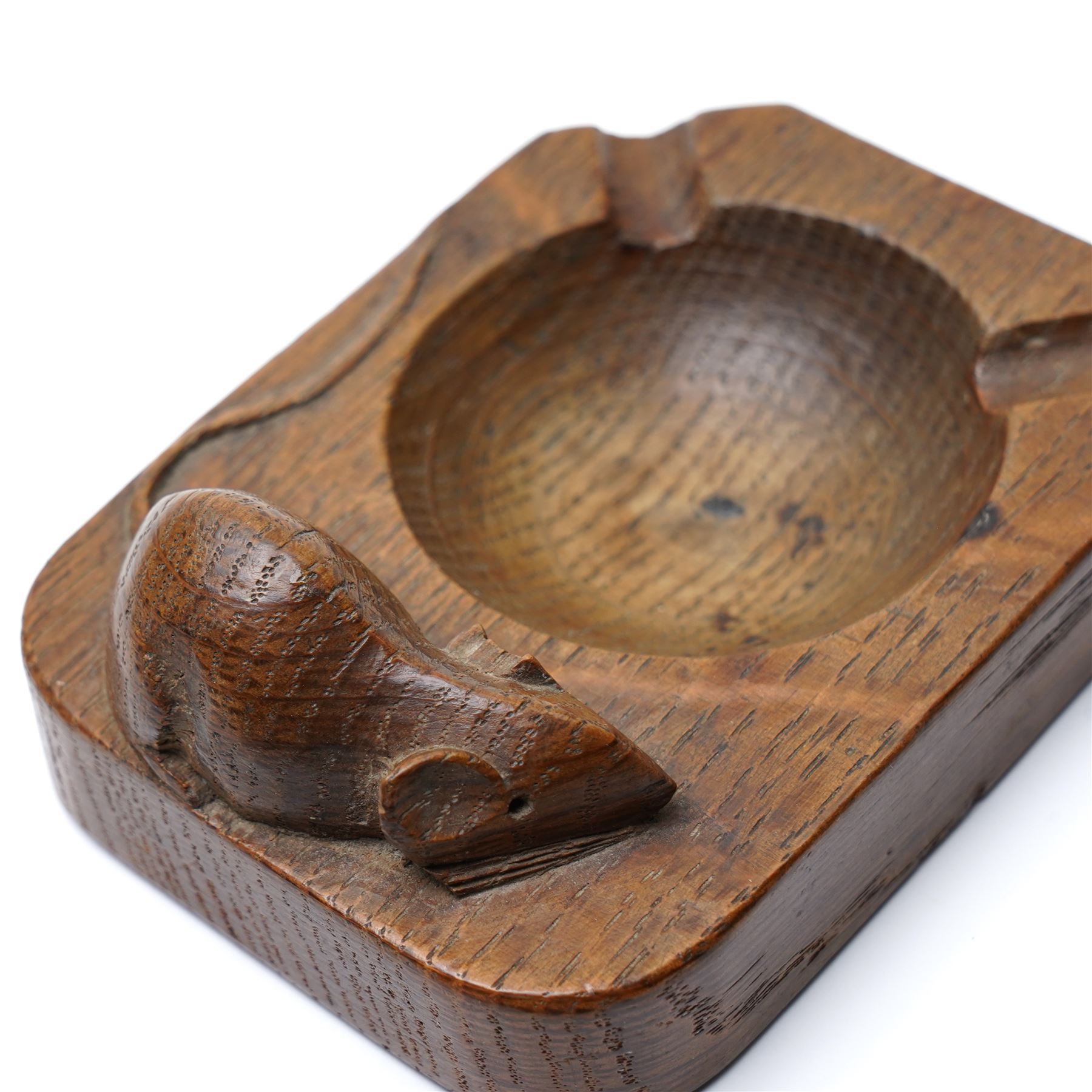 Mouseman - tooled oak ashtray, rectangular form with canted and rounded corners, carved with mouse signature, by the workshop of Robert Thompson, Kilburn, W10cm