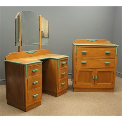  Mid 20th century 'Heal's of London' style oak dressing table, three piece frameless mirror back, six drawers, (W95cm,H63cm, D42cm), a matching oak tallboy with decorative cresting, two drawers, two door cupboard, (W74cm, H89cm, D42cm) and a matching Queen size bedstead, (W122cm, H110cm, L202cm)  