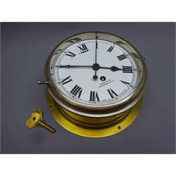  20th century Smith's of Cricklewood brass cased bulk head clock, white enamel Roman dial with sweep seconds, chromed bezel and bevelled glass, single train movement, D23.5cm   