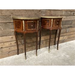 Pair French Louis XVI design demi lune side table, three drawers, on shaped cabriole legs
