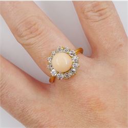 Early 20th century 22ct gold pink coral and old cut diamond cluster ring, hallmarked, total diamond weight approx 1.00 carat