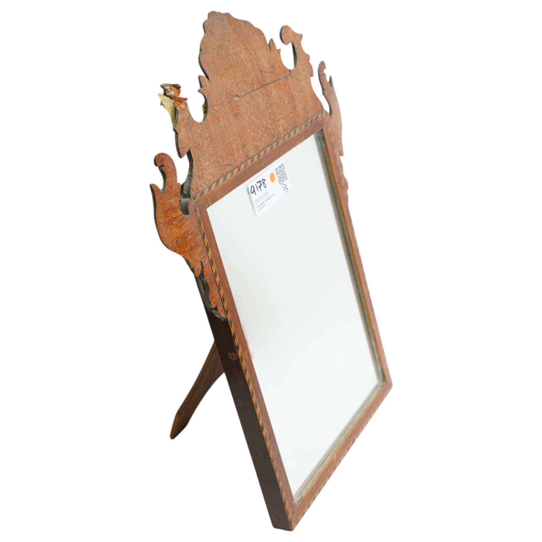 Set of seven Copeland plates retailed by John Mortlock, scalloped and decorated with portraits of gentlemen; together with an early 19th century Mahogany wall mirror, with a later easel stand, H44cm, and Brass table lamp, of antique design with classical figures on a circular base, H29cm