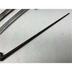 French model 1866 sabre bayonet, the 57.5cm curving blade marked St. Etienne 1873; in associated steel scabbard L71cm; and Mosin-Nagant M1891 socket bayonet with 43cm cruciform blade No.37068 (no scabbard) (2)