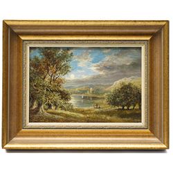 Edwin Buttery (British 1839-1908): Landscapes with Figures along the River Bank, set of three oils on panel signed 12cm x 18cm (3)