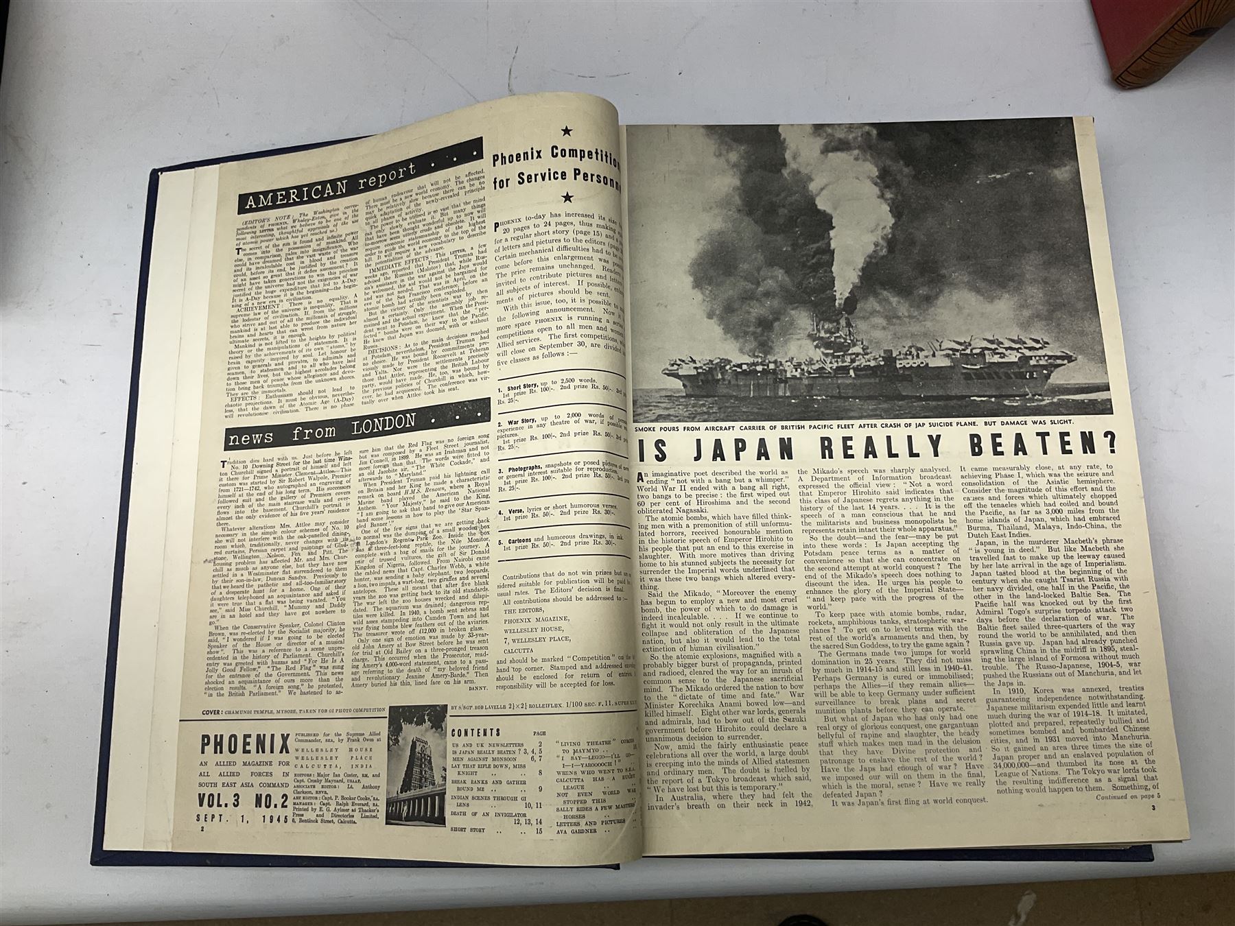 Military related books including two bound volumes of Phoenix Magazine Feb.1945 - Feb.1946; Knight W.S.M.: The History of the Great European War. Ten volumes; folding road map of India; The War in Pictures. Six volumes etc