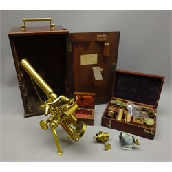  Victorian lacquered brass compound Monocular Microscope stamped 'Powell & Lealand Makers London 1843' angular tripod supports with circular feet, rack & pinion focus with fine at side, in mahogany box labelled 'Powell & Lealand Opticians, 4 Seymour Place, Euston Square', with four Eyepieces, four Objectives including Lieberkuhns, Frog Plate, Diaphram, Prism and other accessories, some in fitted mahogany case   