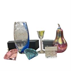 Two Rosenthal glass paperweights, together with Waterford Crystal house and other glass items