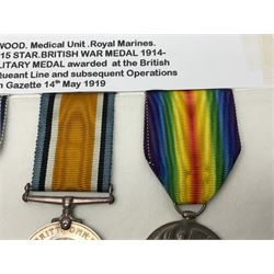 WWI Military Medal awarded to S-3957 Pte. W. Wood Med. Unit R.M. as reported in the London Gazette 14th May 1919 for services at 'the British Offensive 1918 Drocort-Queant Line and subsequent Operations' with archive of research information and original bill of purchase from Spink & Son dated 5/9/1957; together with a WWI group of three medals comprising British War Medal, Victory Medal and 1914-15 Star awarded to 1732 Pte. D. Newton R.A.M.C.