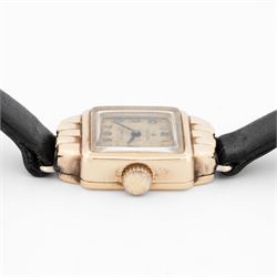 Rolex Precision ladies 9ct gold manual wind wristwatch, case No. 297900, silvered dial with Arabic hour markers, Chester 1955, on black leather strap