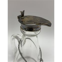 Edwardian silver mounted whisky noggin, of tapering cylindrical form with hinged flat cover, H11cm, together with a silver whisky label, each hallmarked Levi & Salaman, Birmingham 1909