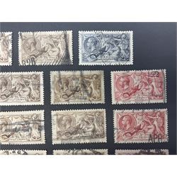 Great Britain King George V seahorse stamps, comprising fourteen half crown, seven five shillings and two ten shillings, all used, all previously mounted