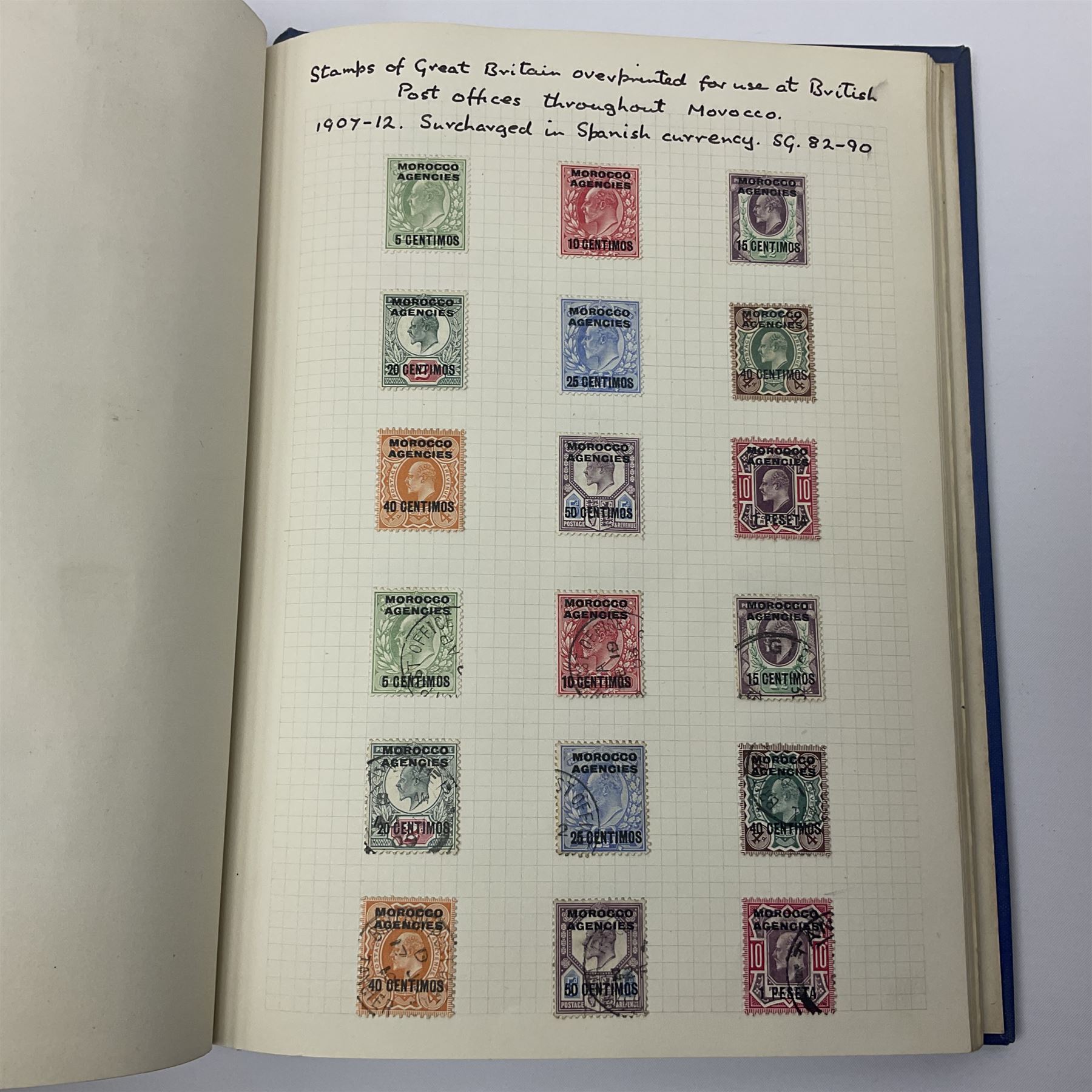 Queen Victoria and later Morocco Agencies and Tangier overprint stamps, including 1898 Morocco Agencies overprint on Gibraltar, some mint pairs, King Edward VII 1907-12 Morocco Agencies overprints with surcharge on two shillings and sixpence, five shillings and ten shillings, King George VI 1917-26 Morocco Agencies overprints on seahorses with half crown, five shillings and ten shilling values, Spanish French and International zones represented etc, housed in single blue album