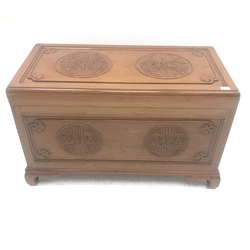Chinese camphor wood blanket box, single hinged lid, geometric pattern, shaped bracket supports, W105cm, H62cm, D55cm