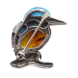 Silver Baltic amber and turquoise kingfisher brooch, stamped 925