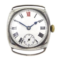 Rolex early 20th century silver manual wind lever wristwatch, white enamel dial with Roman numerals and red XII, square case numbered 781697, by Wilsdorf & Davis, London import marks 1916