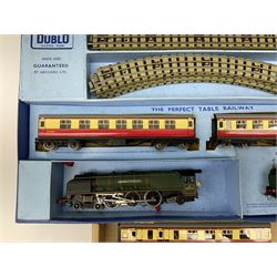 Hornby Dublo - three-rail EDP12 set with Duchess Class 4-6-2 locomotive 'Duchess of Montrose' No.46232 with tender, two passenger coaches and track, boxed; together with a matching passenger coach, brake van, two trucks, cable drum wagon and tank wagon; all unboxed