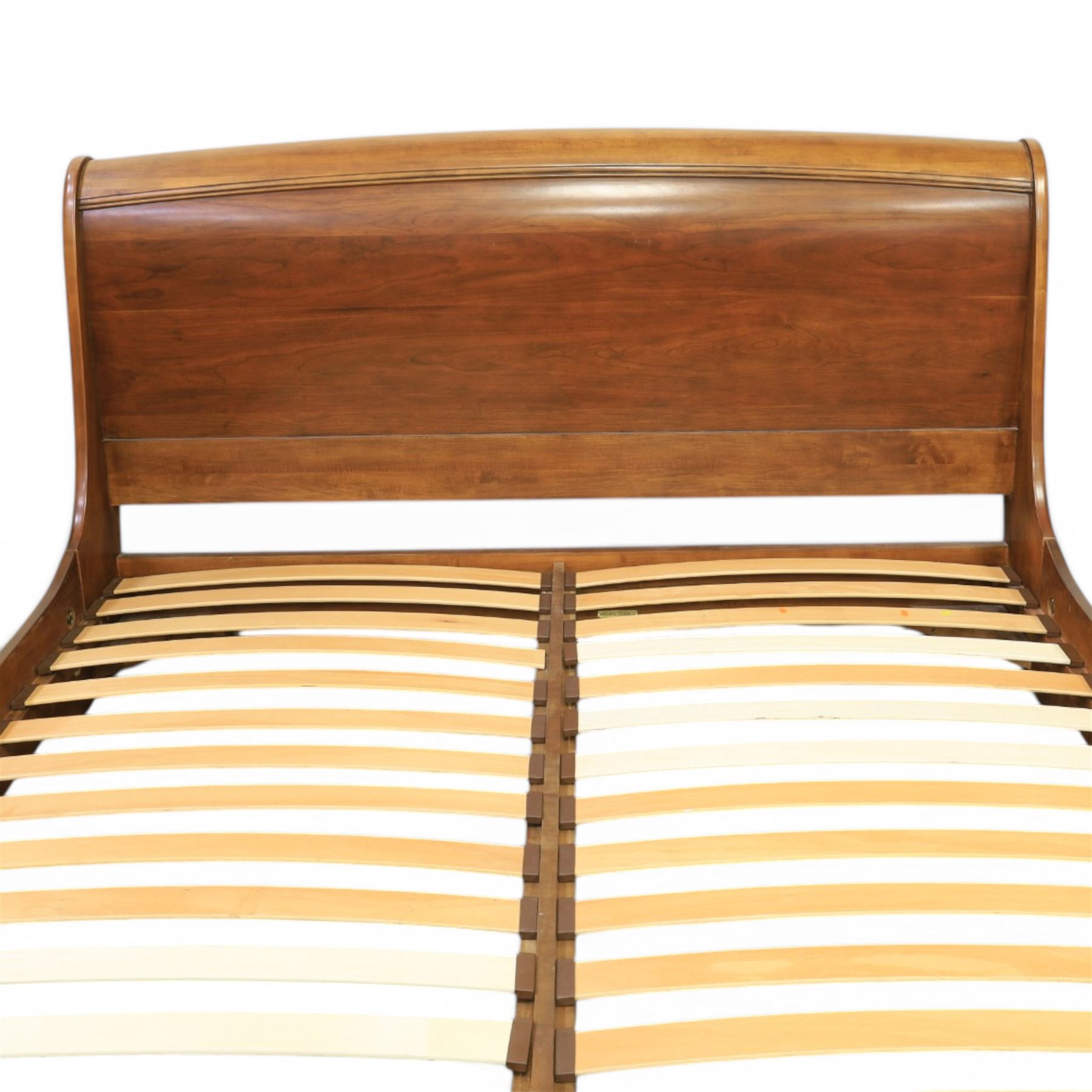 Willis & Gambier - French cherry sleigh bed, with scrolled headboard and shaped footboard, moulded frame on bracket feet, fitted with sprung wooden slats
