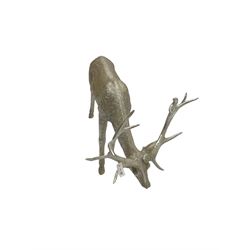Silver finish stag statue, in grazing position 