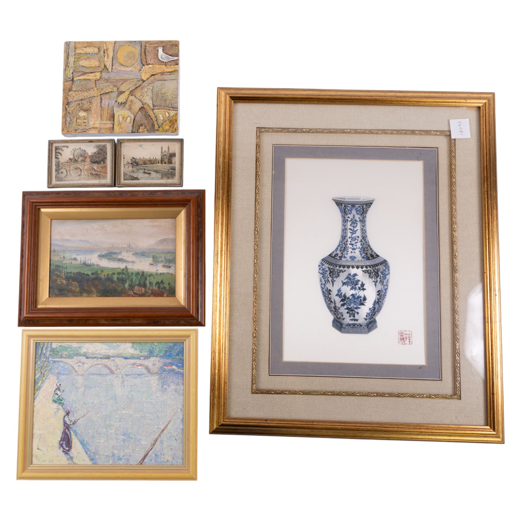 Dimitar Keshishev (Russian/Bulgarian Contemporary): 'Nostalgia', abstract acrylic on canvas signed and dated '09, 16cm x 19cm; French School, Impressionist River scene, oil on board 18cm x 23cm; Chinese silk panel, oil of Cologne and and a pair of miniature coloured engravings of Cambridge (6)
