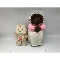 Ten soft tots including Chad Valley Lenny the Lion; Snoopy type dog; Fluffy Hedgehogs; pink Care Bear; souvenir bears for Niagara Falls, Benjamin Franklin and Andre Rieu; Rocky Mountaineer Traindriver; knitted Mrs. Tiggy-Winkle etc; all unboxed (10)
