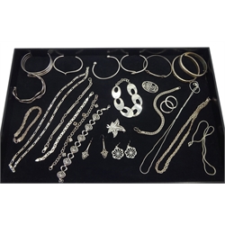 Collection of silver jewellery including bracelets, earrings, bangles, necklaces and brooch, all stamped 925 or hallmarked (one tested)