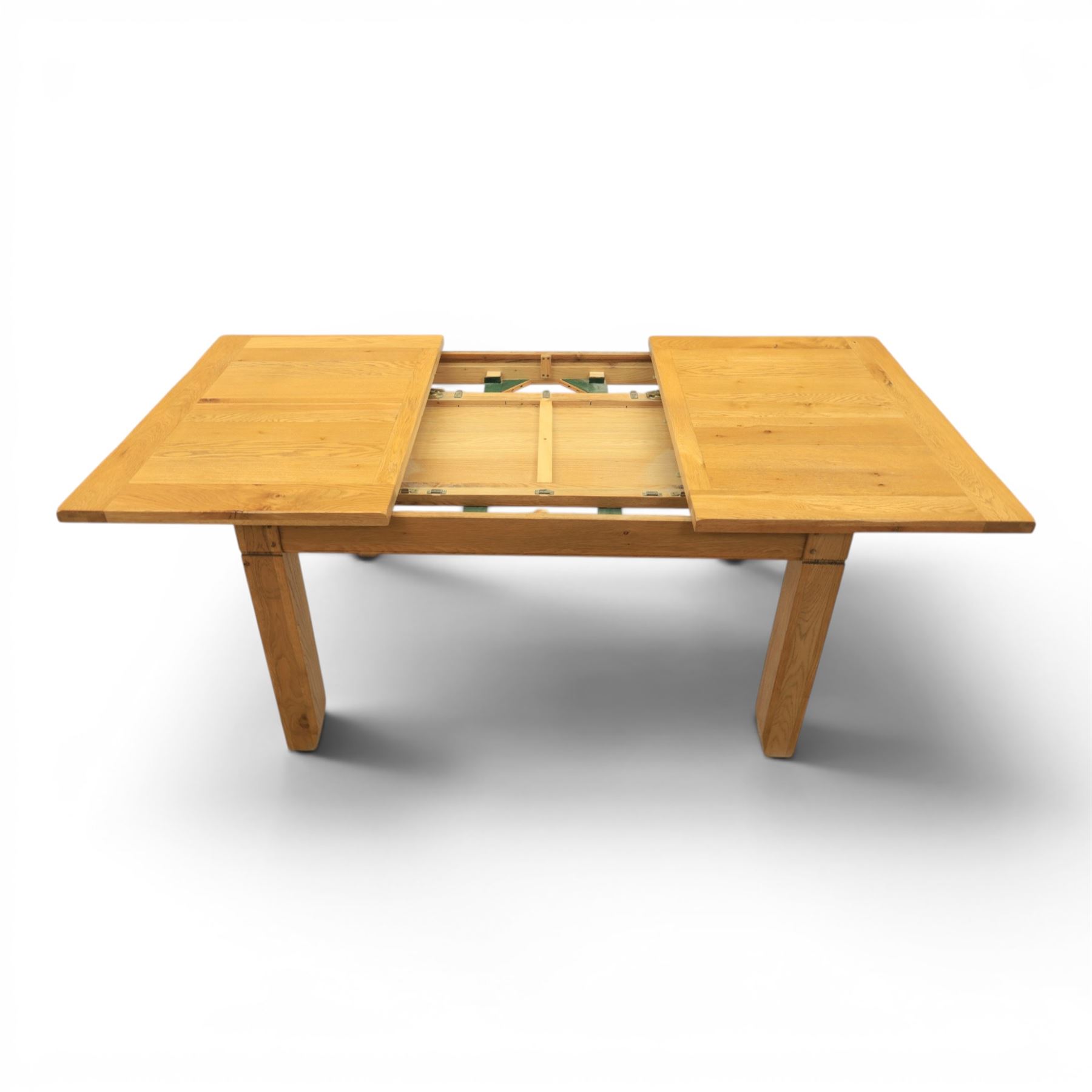 Contemporary oak dining extending table and set of six chairs, with additional leaf  extending to 182cm, chairs with cream upholstered seat