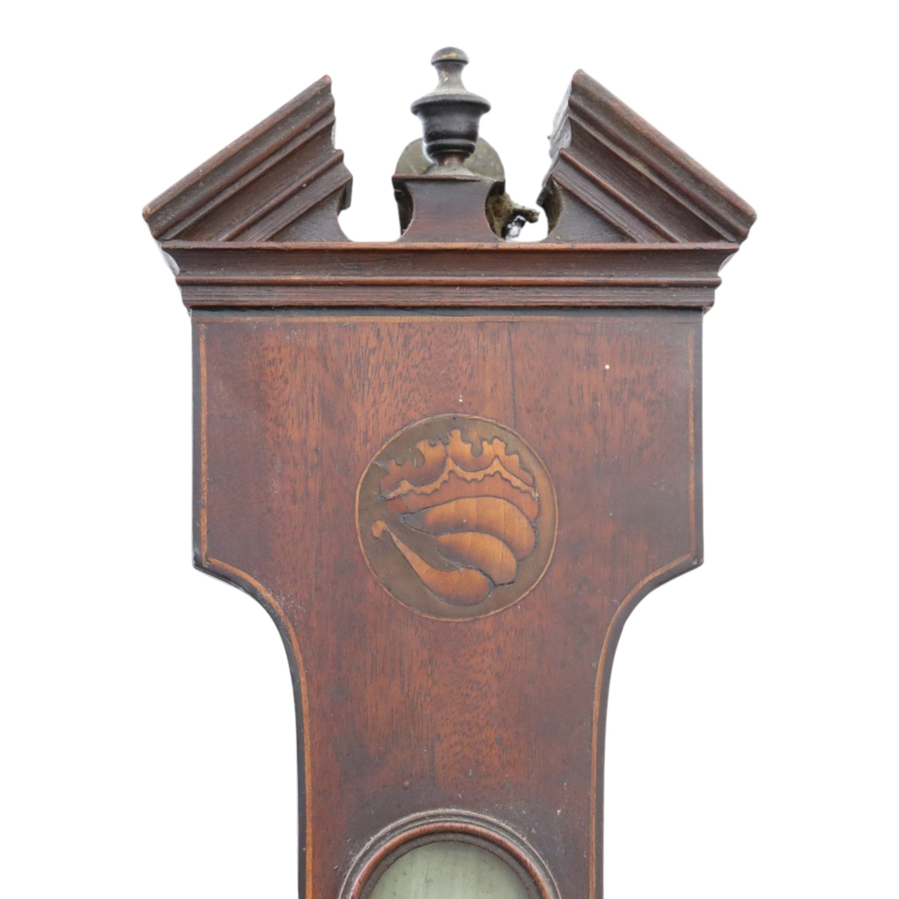 Three wheel barometers, a mother of pearl inlaid mahogany case, swan neck pediment, thermometer and circular dial, H 92cm, the second Sheraton Revival style with floral inlay, swan neck pediment, thermometer and circular dial, H 102cm, the third Sheraton Revival style, H 95cm (3)