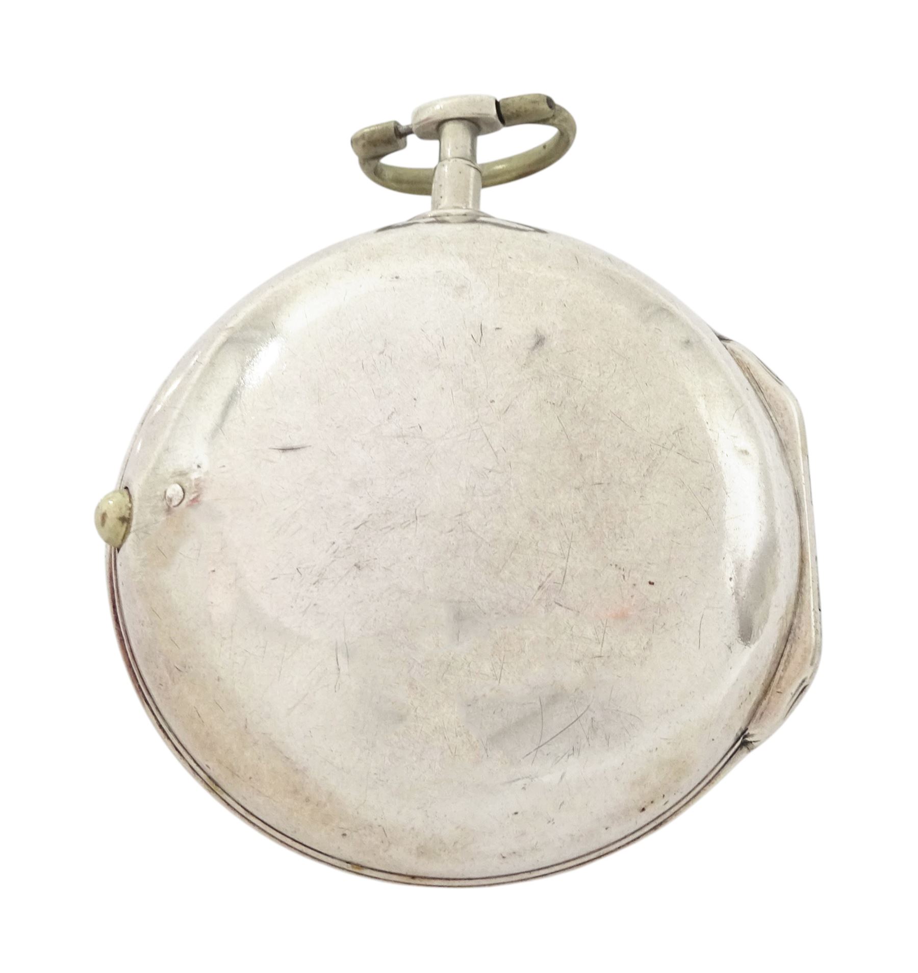 George III silver pair cased mock pendulum verge fusee pocket watch by William Crayton, London, No. 7391, the balance cock embossed with cherub decoration, white enamel dial with Arabic numerals and bull's eye glass, case by Thomas Sones, London 1761