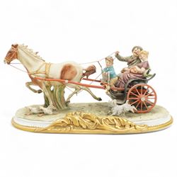 Capodimonte porcelain group with, two figures and child in a horse and cart by Bruno Merli L40cm