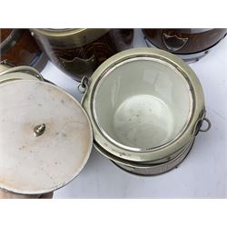 Five early 20th century biscuit barrels with silver-plated mounts