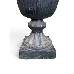 Pair of Victorian large scale cast iron garden urns, flared petal shaped rim with tapering waist, gadrooned base on square plinth, finished in black paint
