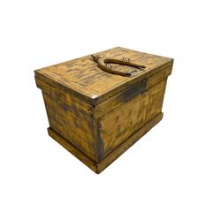19th century scumbled pine horse tack storage box with yoke atop lid, and 'horse' inscribed on front