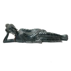 Late 20th century bronzed figure of a reclining buddha L64cm
