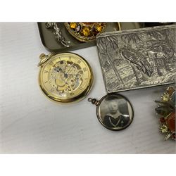 Silver jewellery, including ingot pendant, cameo ring and earrings and bracelet, together with a collection of costume brooches and necklaces, and two pocket watches