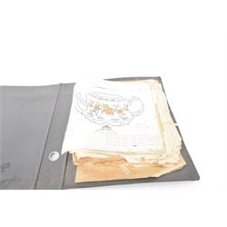 Wood & Sons Ltd Burslem pattern book, late 20th century, designs in colour and black and white, all mounted onto square leaves, leaves annotated with decorating notes, some cancellations noted boldly over the design, collected as one in a ring binder, factory labels to upper-cover, folio 44.5 x 36cm